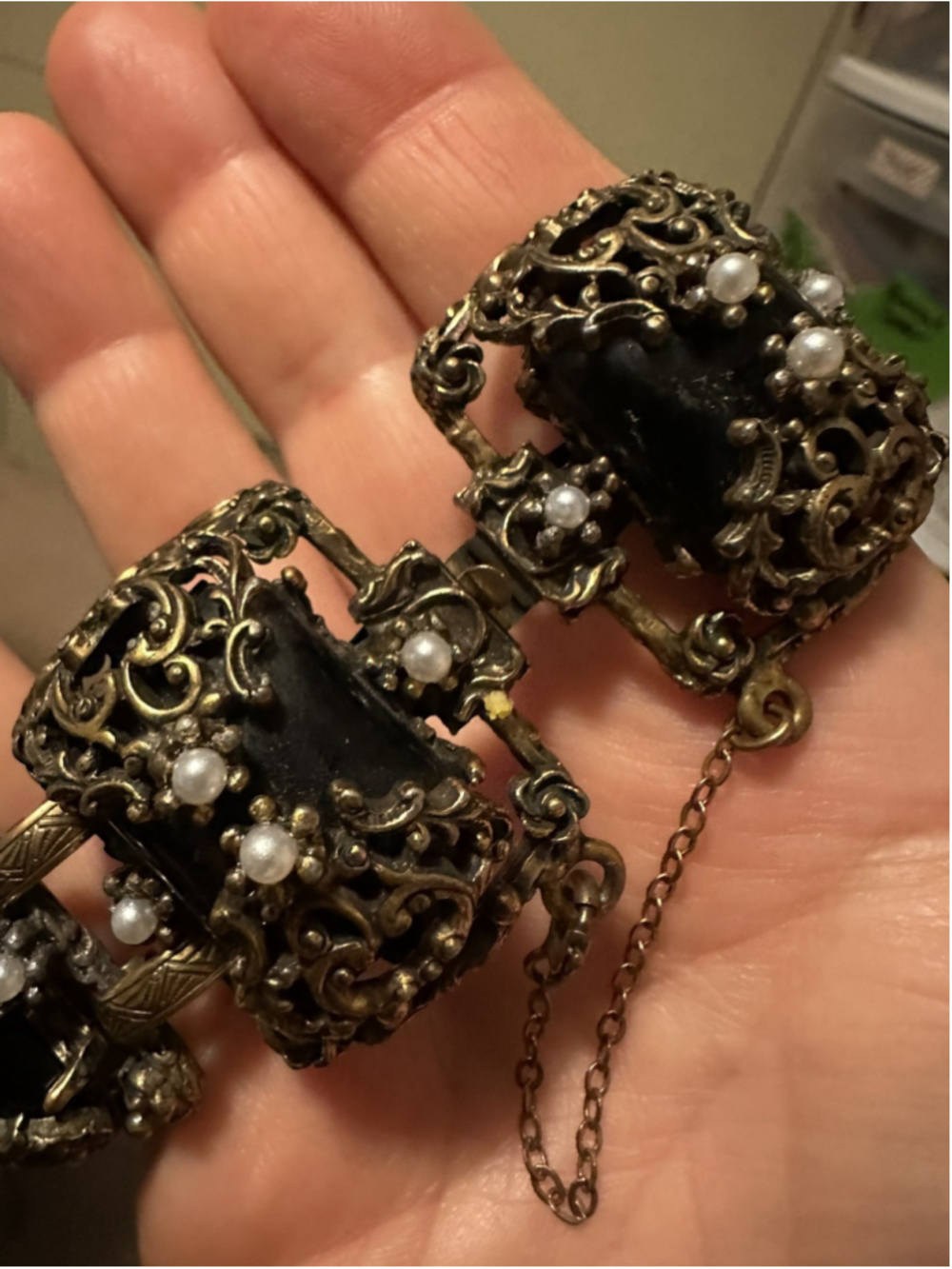 Vintage Selro Selini Style Black Chunk Cabochon GoldTn Bracelet Pearls 1950's